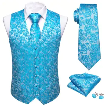 Prabangi šilkinė liemenė vyrams Mėlyna žalia Teal žydra Paisley gėlių liemenės kaklaraiščio komplektas Vestuvių oficialaus vakarėlio švarkas be rankovių Barry Wang