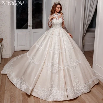 Prabangios aukšto kaklo blizgios aplikacijos Cape ilgomis rankovėmis vestuvinė suknelė 2024 m. Rutulinis chalatas Grindų ilgis Šlavimo traukinys Princesės nuotakos suknelė