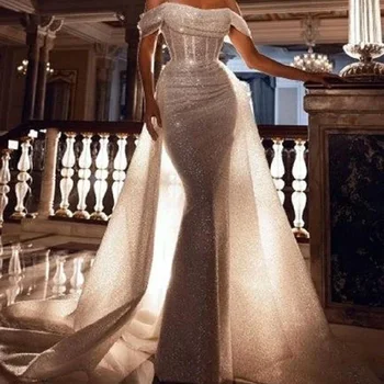 Prabangios blizgančios oficialios vakarinės undinės suknelės Populiarios madingos šventės vakarėlis Blizgios suknelės valties kaklas Slim Fit Prom chalatas