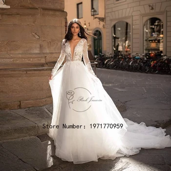 Prabangios vestuvinės suknelės moterims 2024 Blizgučiai ilgomis rankovėmis Pagal užsakymą pagamintos nugaros aplikacijos A linijos vestuvinė suknelė Vestidos de Novia Nauja