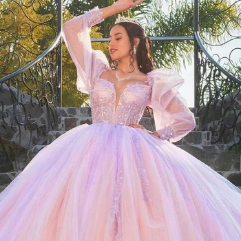 Prabangios violetinės rožinės svarainių suknelės 2023 Mieloji Pūstomis ilgomis rankovėmis Princesė Saldi 15 16 metų mergaitės gimtadienio vakarėlio suknelė