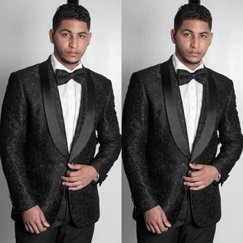 Prabangūs BlackMen's suits Tailored 2 Pieces Jacquard Blazer Pants Satin Sheer Lapel One Button Wedding Groom Custom Made Plus Size