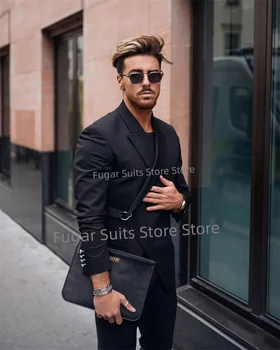 Prabangūs nauji gatvės drabužiai Juodi kostiumai vyrams Slim Fit Peak Lapel Groom Tuxedos 2 Pieces Sets Business Male Blazer Kostiumas Homme
