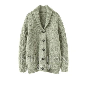 Puošnūs verpalai 100% kašmyro megztinis Moterys Nauji stori šilti megzti drabužiai Žiemos Anglijos stilius Laisvai priglundantys megztiniai Kišenės