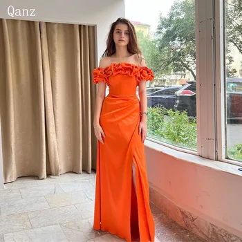 Qanz Burnt Orange Prom suknelės Satin Mermaid Grindų ilgis Vestidos de Fiesta Off The Shoulder Plyšio vakarėlio suknelės Moterų vakaras