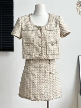 QIWN Korea Fashion 2023 Summer New Small Fragrance Design Moteriškas O-neck trumpomis rankovėmis Tweed vilnonis paltas + A-line sijonas 2 vnt komplektas
