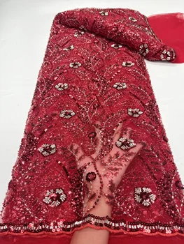 Red African Sequins Nėrinių audinys 2023 5Yards Aukštos kokybės prancūziškas Nigerijos jaunikio karoliukais nėriniuotas audinys siuvimo suknelei vestuvių vakarėlis