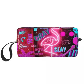 Retro Neoninė rožinė Estetiška Flamingo Vaporwave Didelis makiažo krepšys Grožio maišelis Kelioniniai kosmetikos krepšiai Laikymo krepšys Unisex