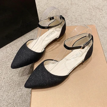 Rimocy Fashion Ankle Buckle Pumps Women Bling Pointed Toe Low Heels Sandals Woman Solid Color Square Heel Party Shoes Female