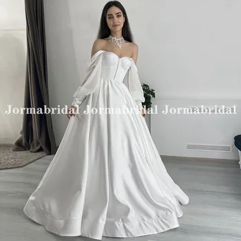 Romantiška balta korsetinė vestuvinė suknelė su perlais Šifono pūstomis rankovėmis Mieloji A-line Satin nuotakos chalatai Vestido de Noiva 2023