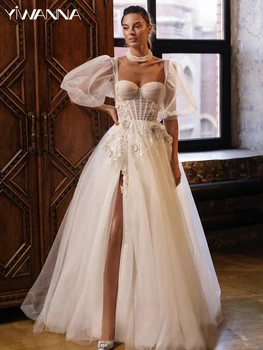 Romantiška mielaširdinga kaklo vestuvinė suknelė Klasikinės nėrinių aplikacijos Nuotakos chalatas Elegantiškas tiulis A linijos ilgas nuotakos chalatas Chalatas De Mariée