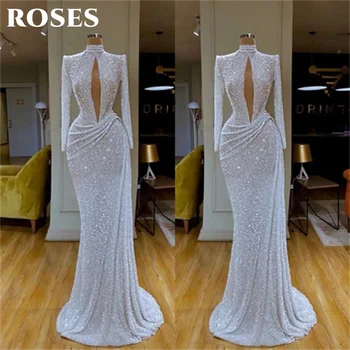 ROSES Baltos oficialios suknelės aukšta apykakle pilnomis rankovėmis Vakarėlio suknelė vestuvėms Spindintys blizgučiai Ypatinga proga Suknelės Chalatas Soirée
