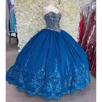 Royal Blue Quinceanera Dresses Ball Gown 2022 For Sweet 16 Girl Tull Sliver Crystal Graduation Dress Vestidos De 15 Años