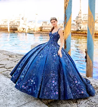 Royal Blue Quinceanera Suknelės Ball Gown Spaghetti Straps Appliques Beaded Puffy Mexican Sweet 16 Dresses Charro 15 Anos
