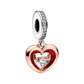 Rožinio aukso raudonas emalis Plūduriuojantis širdies pakabukas Charms 925 Sterling Silver Pave Bail Moteriški papuošalai All For Love Valentino dienos dovana