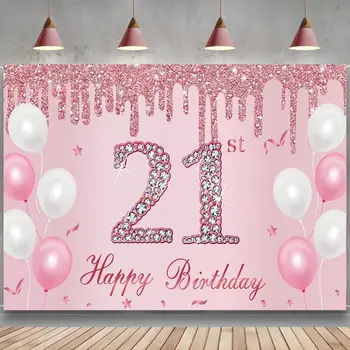 Rožinis rožinis auksas 21-ojo gimtadienio reklamjuostės dekoracijos Laimingas 21-ojo gimtadienio vakarėlis Aprūpina moteris 21 metų vakarėlio fonas Merginos