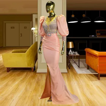 Rožinės prom suknelės Undinė Pusrankovės Karoliukais puoštas plyšys Dubajus Saudo Arabija Prom suknelė Vakarinės suknelės Chalatas De Soiree Haute Couture