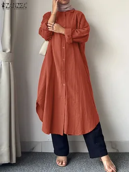 Rudens moterys musulmonės suknelė oversize Lapel marškiniai ilgomis rankovėmis Vestidos ZANZEA Turkey Abaya Kaftan IsIamic Drabužiai Vintage Sundress