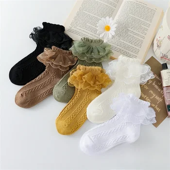 Ruduo ir žiema Naujos medvilnės nėrinių mergaičių nėrinių kojinės Dvigubos nėrinių princesės kojinės 1-12 metų Lotynų Šokių kojinės