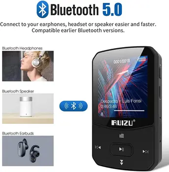RUIZU X52 Sport Bluetooth MP3 grotuvas Clip Mini su ekrano palaikymu FM, įrašymas, el. knyga, laikrodis, žingsniamatis muzikos grotuvas