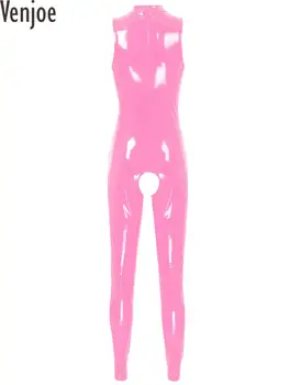 #S-4XL Moteriškas apatinis trikotažas Atviri puodeliai Kačių kostiumas Patentuotas odinis smėlinukas be tarpkojo Mock Kaklas Berankovių lateksas Liesas kombinezonas Klubinė apranga