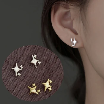 S925 Sidabrinės adatos aukso spalvos žvaigždė maži smeigių auskarai moterims Mergaitė Korėjietiška mažytė asimetrija Kryžminis auskaras Vasaros papuošalų dovana
