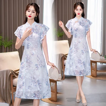 Saldi kinų etninio stiliaus mada Qipao Midi suknelė Vasarinė trumpomis rankovėmis Nauja patobulinta jaunoji Cheongsam