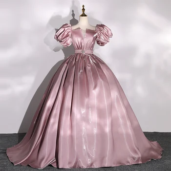 Saldžios rožinės princesės Quinceanera suknelės Seksualios V formos kaklo satino spindinčios Suknia Balowa Vintage Puff Sleeve Ball chalatai 4 spalvos