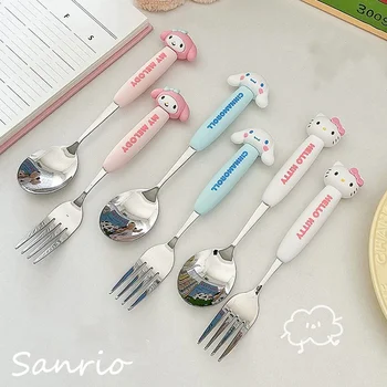 Sanrio Kawaii Hello Kitty Creative Cute Chopsticks Šaukštų šakučių rinkinys Cinnamoroll nerūdijančio plieno stalo reikmenų rinkinys Nešiojama stalo įrankių dėžutė