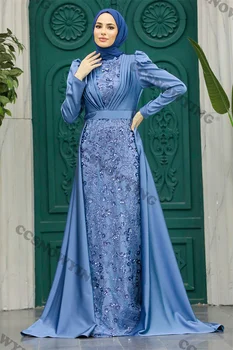 Satino aplikacijos Karoliukais puoštos hidžabo musulmonų vakarinės suknelės ilgomis rankovėmis A linija Islamo oficiali vakarėlio suknelė Moterys Arabiški chalatai De Soirée