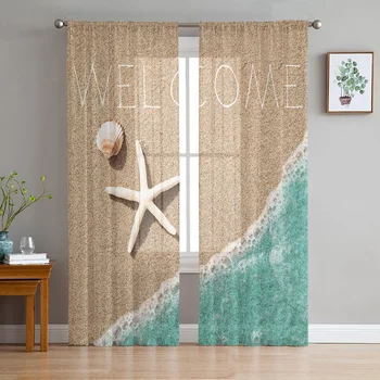 Sea Beach Welcome Starfish Shell Welcome Curtains For Living Transparent Tulle Window Curtain Bedroom Decor Veil Drape