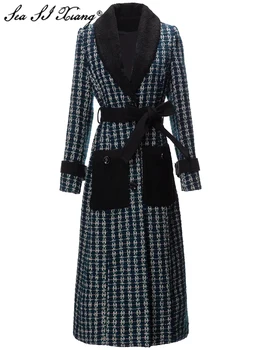 Seasixiang Mados dizainerė Žieminis pledas Tvido paltas Moterys kišenės ilgomis rankovėmis Suvarstomi High Street vienviečiai viršutiniai drabužiai