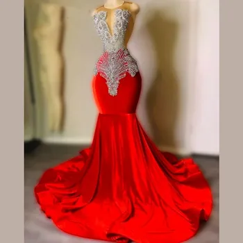 See Through Red Prom Suknelės moterims Rhinestone Undinės vakarėlio chalatai 2024 O-Neck vakarinė suknelė Satin chalatai De Soirée