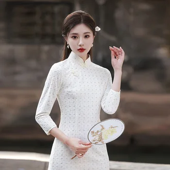 Seksualios moterys Mandarino apykaklė Devynių taškų rankovė Cheongsam elegantiška kasdienė suknelė Kiniškas šifonas Qipao