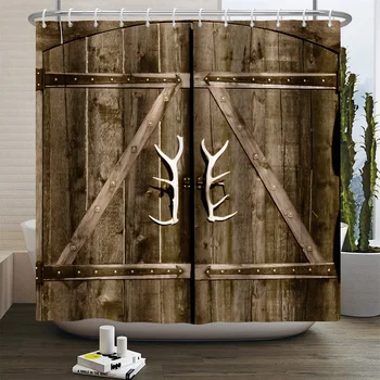 Senos senovinės medinės durys Dušo užuolaidos Retro Sodyba Ūkis Svirnas Namų vonios kambario dekoras Poliesterio audinys Vonios užuolaidos su kabliukais