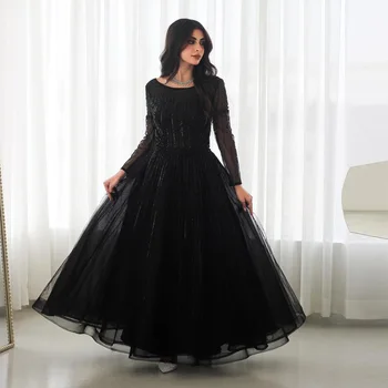 Sevintage Luxury Black Benailing Sequined Prom Suknelės ilgomis rankovėmis A-Line Saudo Arabijos vakariniai chalatai Oficiali vakarėlių suknelė