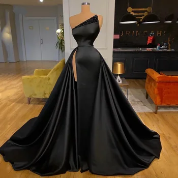 Sexy Side Split Black Evening Dresses Beaded Satin Formal Pageant Gown Women Long Party Prom Dress Robe De Soiree 2024 Custom