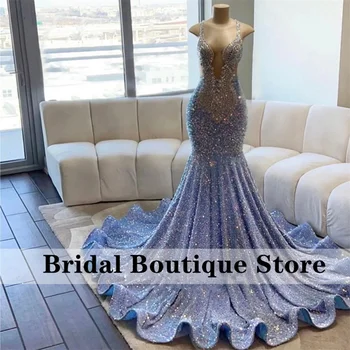 Sexy Sparkly Blue Mermaid Prom Suknelė 2023 Krištolo cirkonio deimantai Karoliukai Išleistuvių gimtadienio suknelė Chalatas De Bal