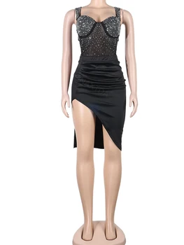 Sheer See Through Formal Dress for Club Wear Knee Length Cocktail Dress with Rhinestone Sexy Asymmetric Evening Dress ON 151