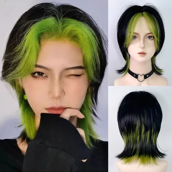 Sintetiniai trumpi tiesūs kuojos galvos perukai Juoda žalia Natūrali pūkuota Lolita Cosplay plaukų perukas kasdieniam vakarėliui