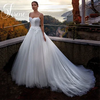 Sirene Romantiškos nėrinių aplikacijos Tiulio vestuvinės suknelės Mielaširdingos kaklo spagečių dirželiai A-Line nuotakos chalatai 2024 Vestidos De Novia