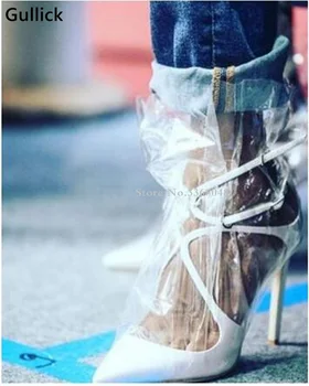 Skaidrus plastikinis apvyniotas kojų pirštas Moteris prašmatnus vakarėlis Sandalai Kulkšnies dirželis Tuščiaviduriai ploni aukštakulniai Pompos Stiletto plonas kojų sandalas