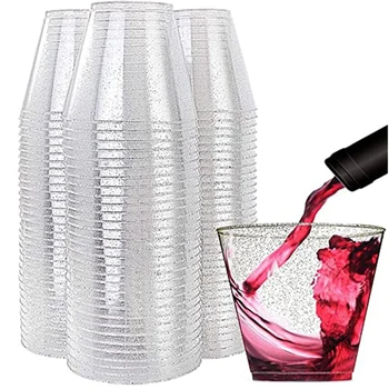 Skaidrūs plastikiniai puodeliai, sidabriniai blizgučiai Plastikinės vyno taurės Daugkartinio naudojimo gėrimų puodeliai Vakarėlių būgnai šampano fleitų kokteiliui