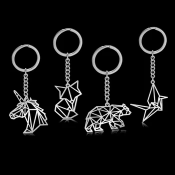 Skyrim Origami Fox Crane Leopard Unicorn Charm Car Raktų pakabukas Nerūdijančio plieno lokys Triušio paukščio raktų pakabuko žiedo laikiklis Dovana vyrams Moterims