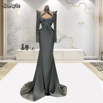 SoAyle Grey Undinės vakarinė suknelė su apykaklės karoliukais Oficiali prom suknelė Saudo Arabija vestuvinė suknelė ilgomis rankovėmis Suknelė plius dydis