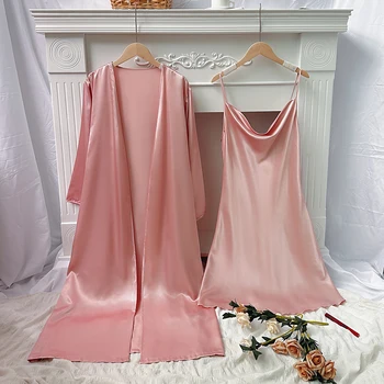 Solid Satin Pajama Set chalatas ilgomis rankovėmis su diržu V kaklo slydimo suknelė Moteriški miego drabužiai Loungewear