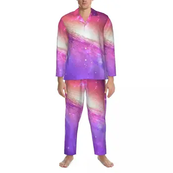 Spalvingi violetiniai Galaxy pižamų rinkiniai Akvarelės žvaigždės Spausdinti Kawaii miego drabužiai Vyriški ilgomis rankovėmis Vintage Leisure 2 Piece naktiniai drabužiai