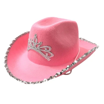 Spangles Dekoruota kaubojiška skrybėlė rožine tiara papuošta Fedora su plunksnų kraštu U4LE