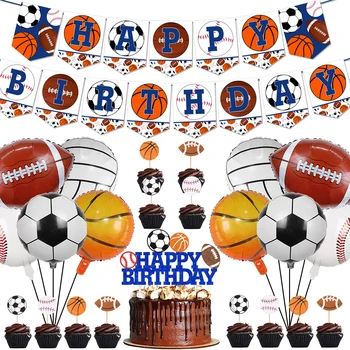 Sporto tema Gimtadienio šventės dekoravimas Su gimtadieniu reklamjuostė Krepšinio tinklinio tortas Antpilai berniukams Sporto vakarėlių reikmenys