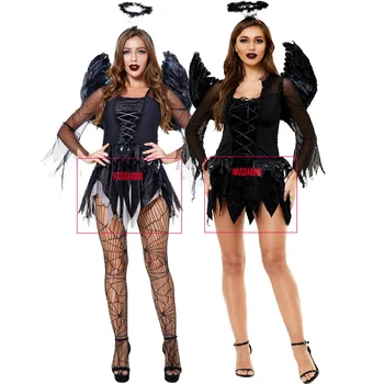 Suaugusiems Helovino kostiumas Cosplay Dark Angel apranga Suknelė Sparnai Plaukų juosta Seksualios moterys Helovino drabužiai Kostiumas WIth Fishnet kojinės